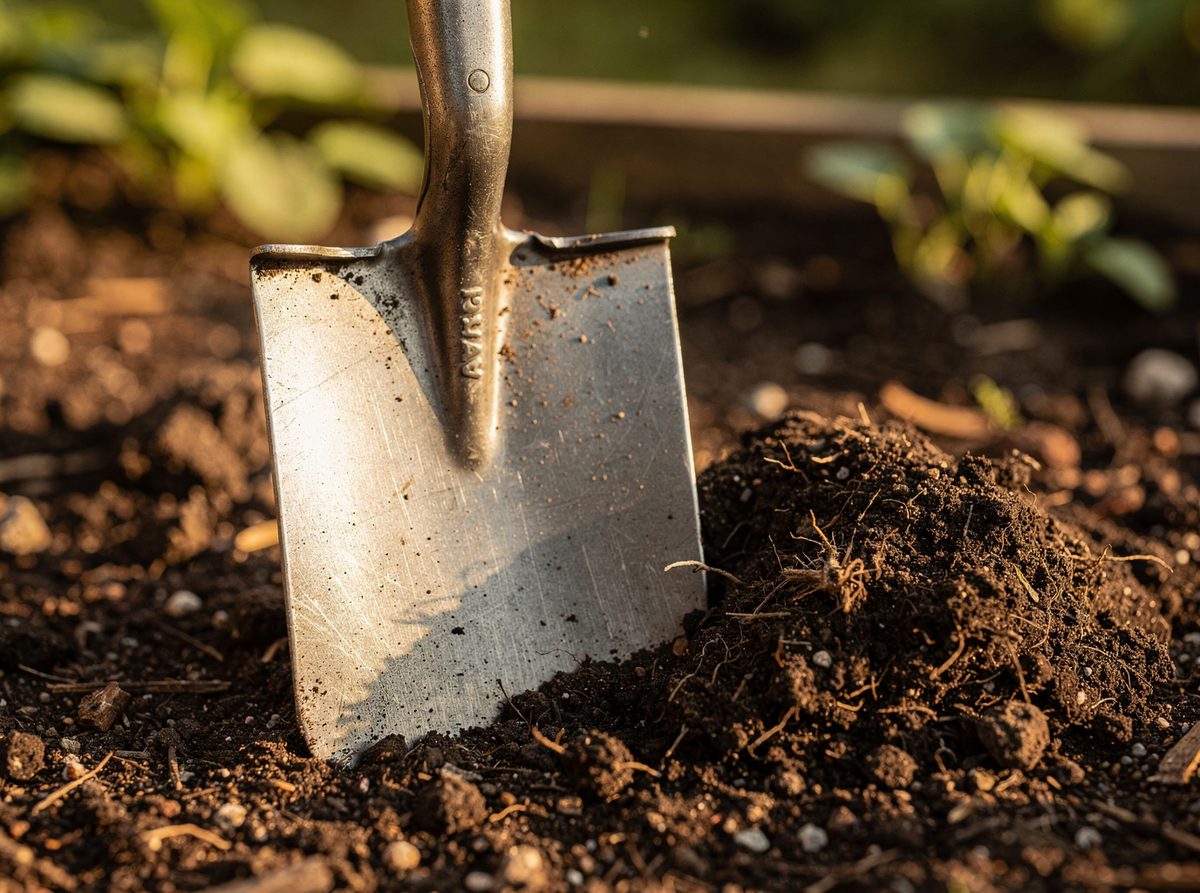 Forged steel hand trowel pressed into dark garden soil