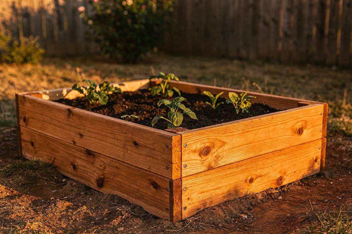 Assembled cedar raised garden bed kit outdoors with seedlings planted inside