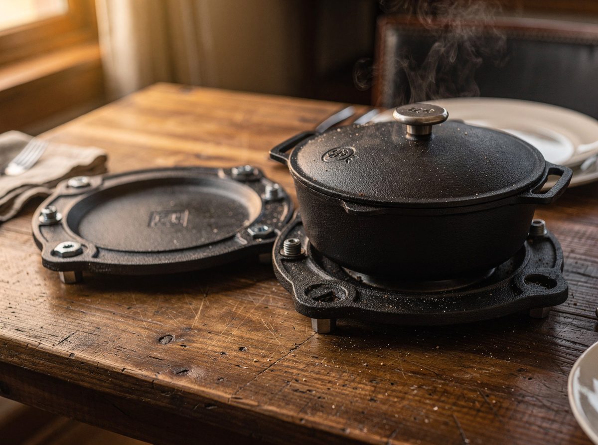Pair of raw cast iron trivets on a wooden dining table with a pot on one