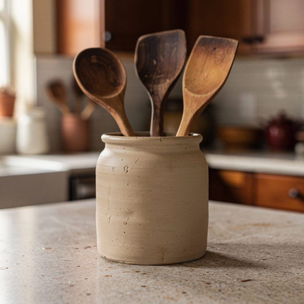Stoneware utensil crock holding wooden kitchen tools on a counter