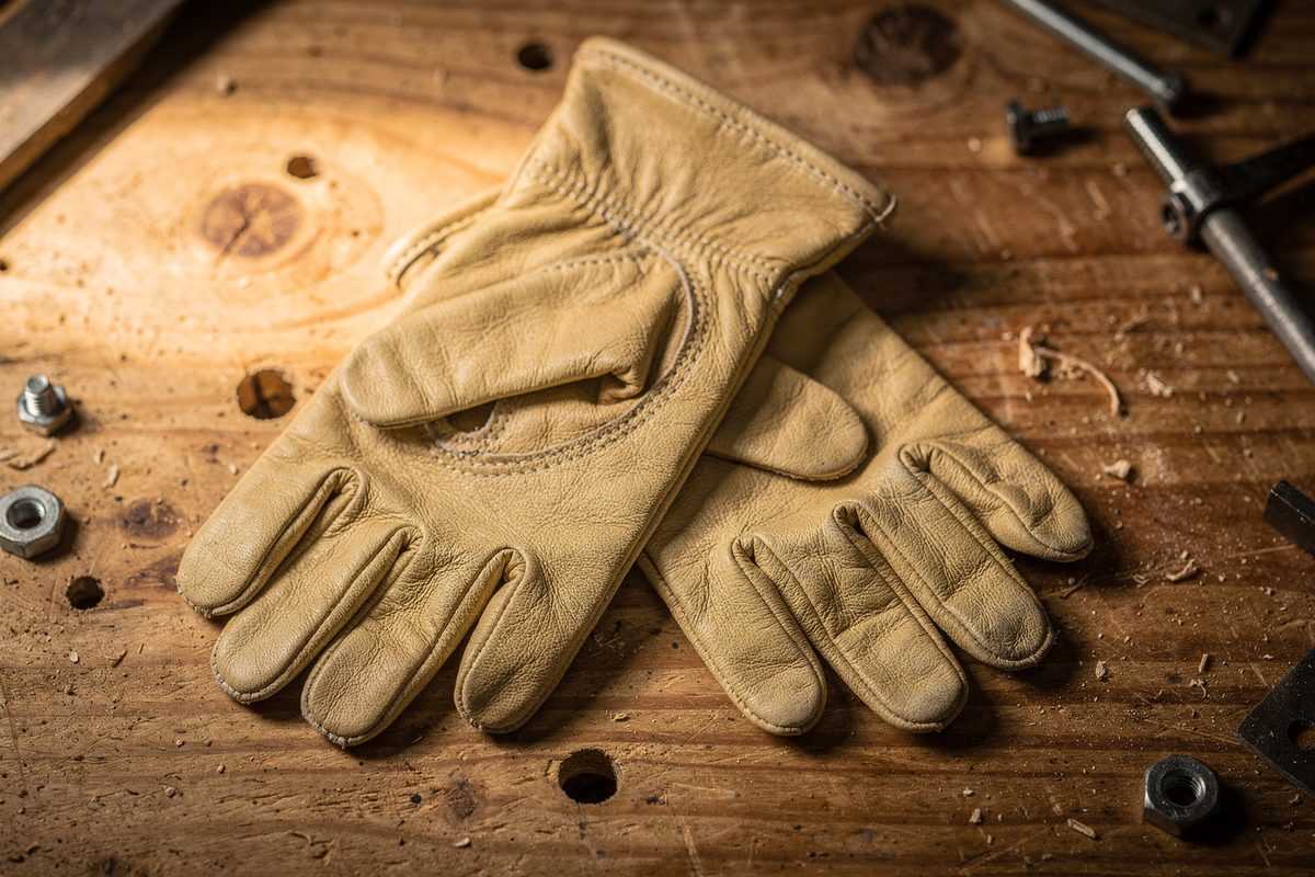 Pair of goatskin leather work gloves with four-inch cuffs on a workbench